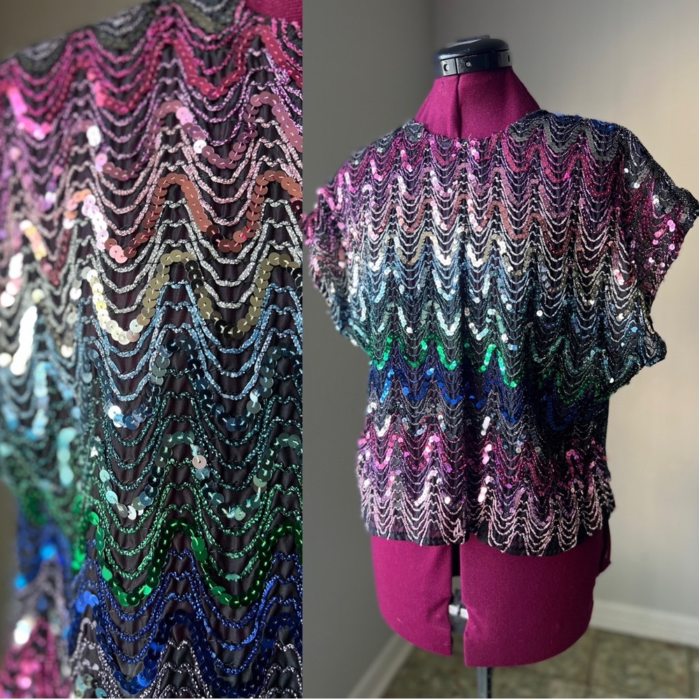 70s Pearlette Wavy Rainbow Disco Sequin Top - Studio 54 | Labeled Size Large